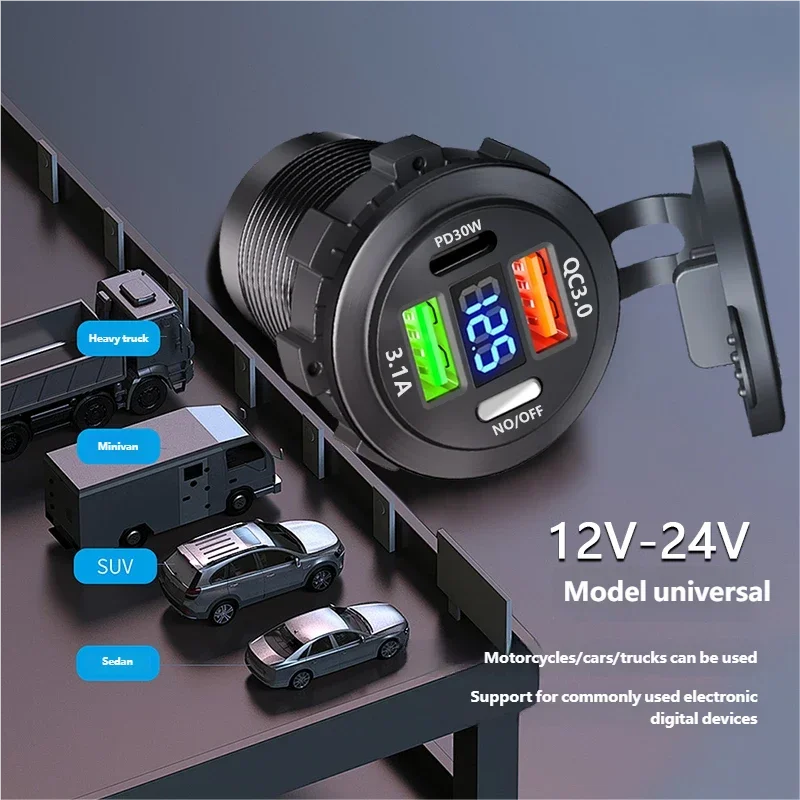 Car USB Charger with Voltmeter – PD3.0 & QC3.0 Fast Charging Socket for Motorcycle, Boat & Auto (12/24V)