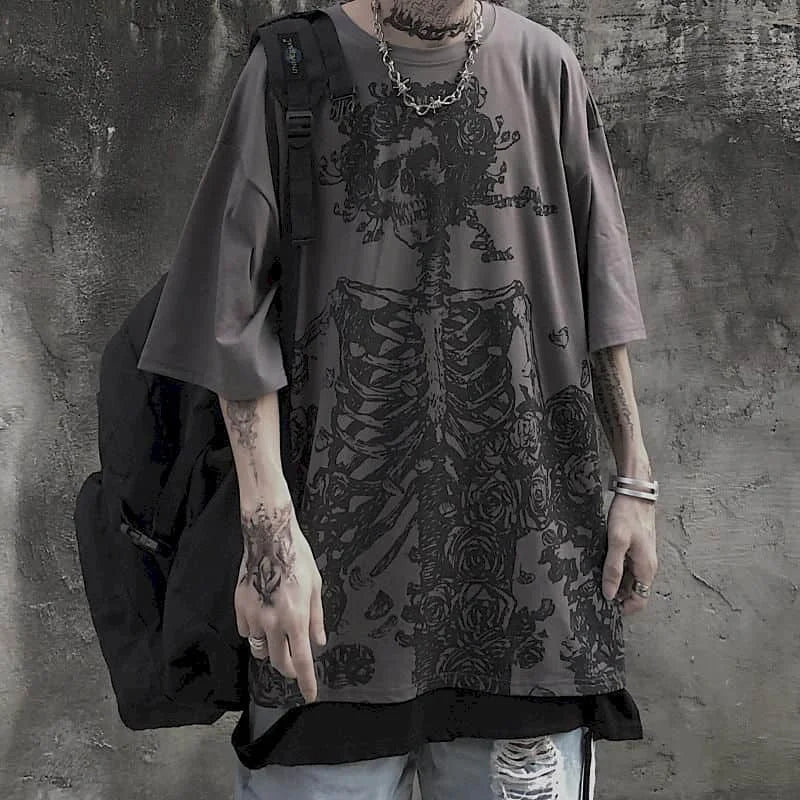 Men's Gothic Skull Oversized T-Shirt — Dark Anime Vintage Streetwear Tee