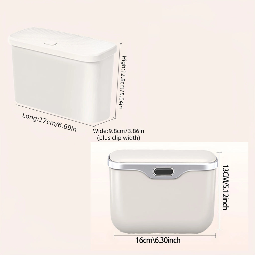 White rectangular storage bin with lid shown in two views on a light beige background, with dimension labels indicating length, width, and height.