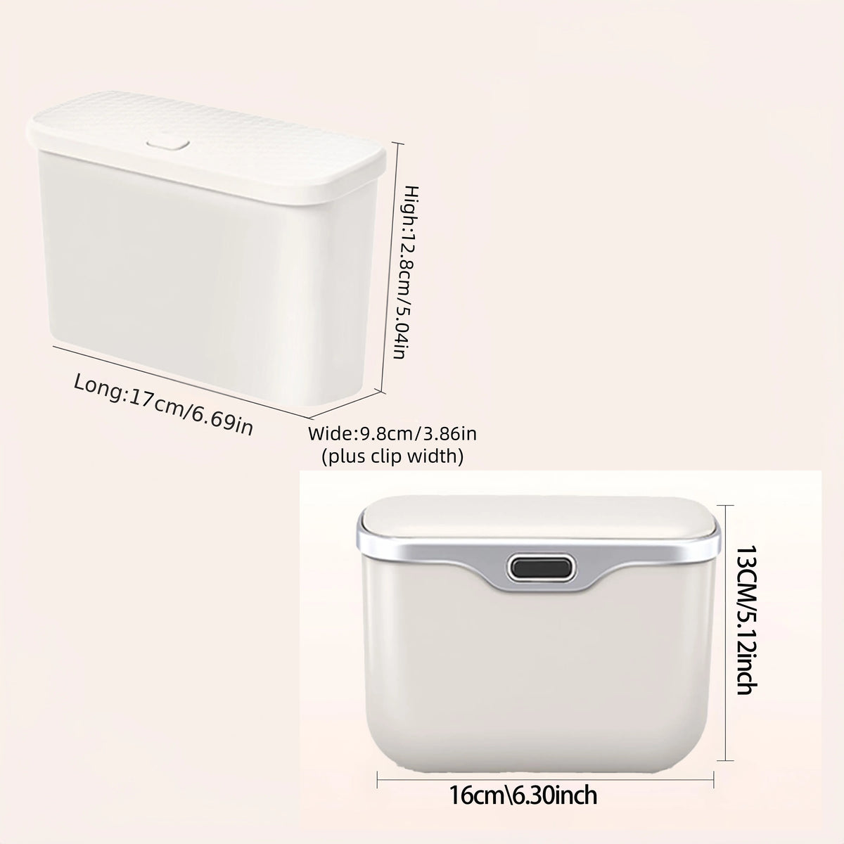 White rectangular storage bin with lid shown in two views on a light beige background, with dimension labels indicating length, width, and height.