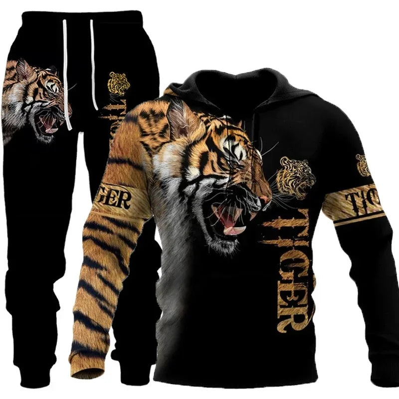 Men's 3D Tiger Print Hoodie & Pants Tracksuit Set – 2-Piece Sportswear