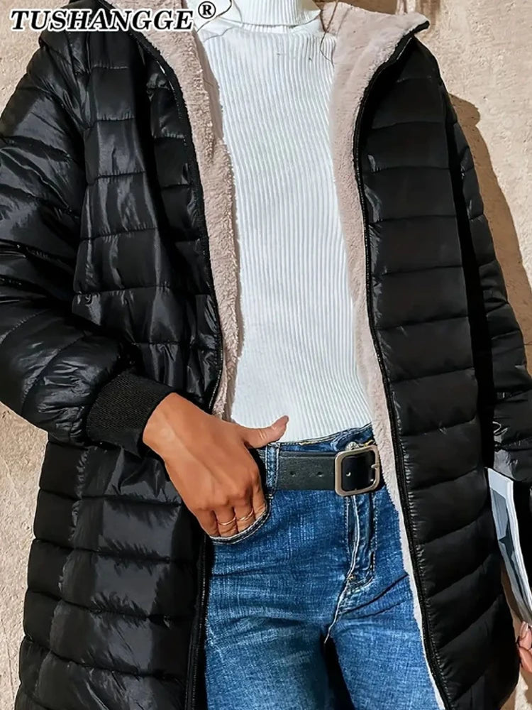 Korean Edition Hooded Women's Fleece Jacket – Mid-Length Warm Parka Coat