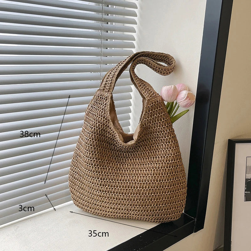 Handmade Straw Rattan Woven Tote Bag – Bohemian Beaded Summer Beach Shoulder Bag for Women