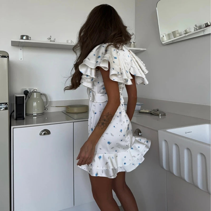 Women's Ruffled Floral Short Skirt – V-Neck Pleated Dress Shorts for Spring & Summer 2026