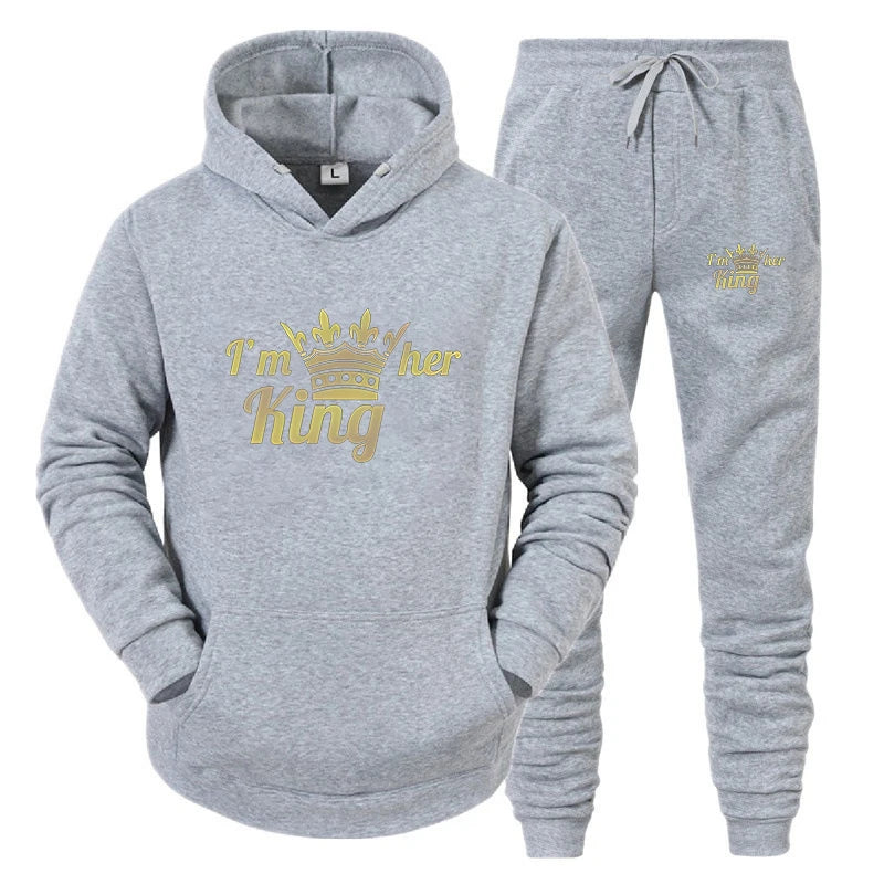 King & Queen Print Hoodie & Pants Set – Couple Autumn Winter Long Sleeve 2-Piece Suit