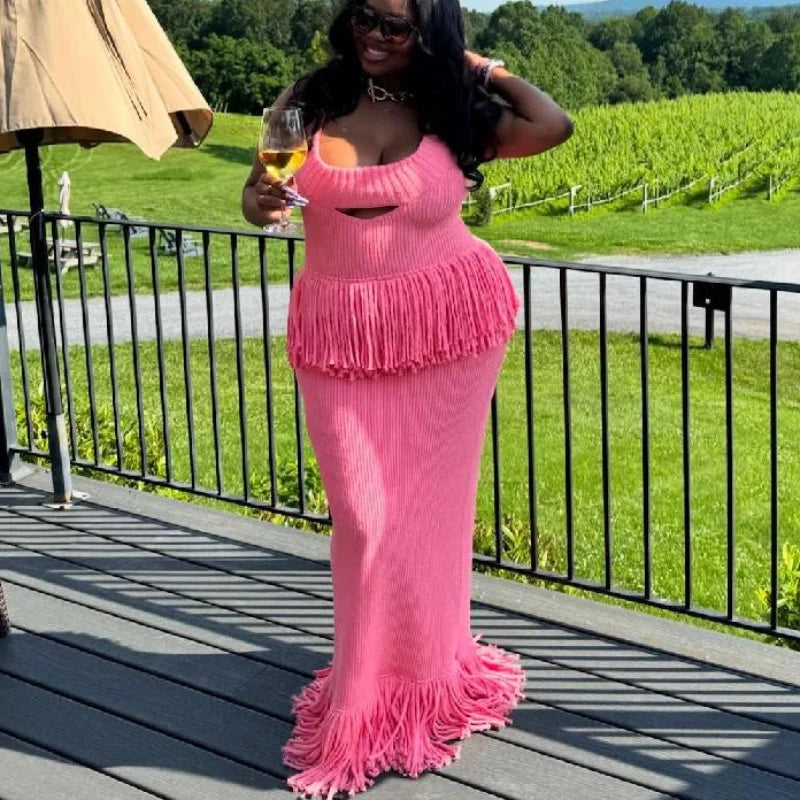 Women's Sexy See-Through Knitted Maxi Dress | Hollow Out Deep-V Tassel Hem Party Gown