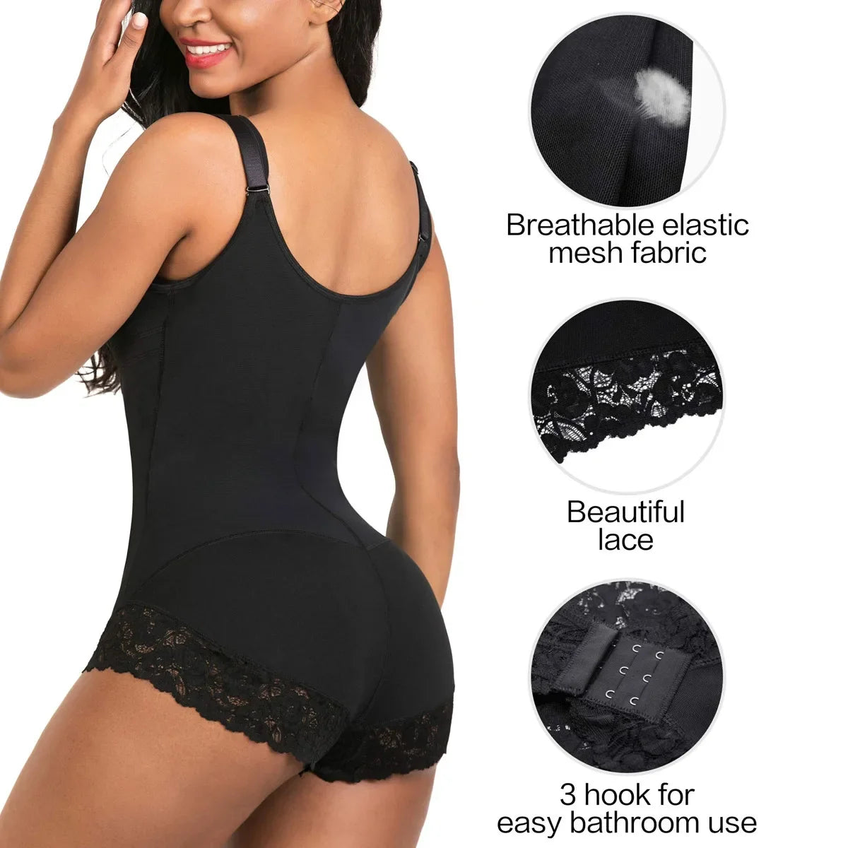 Fitneed Colombian Bodysuit Shaper – Medium Control, Lace Detail, Waist & Tummy, XS–XXXL, Beige & Black