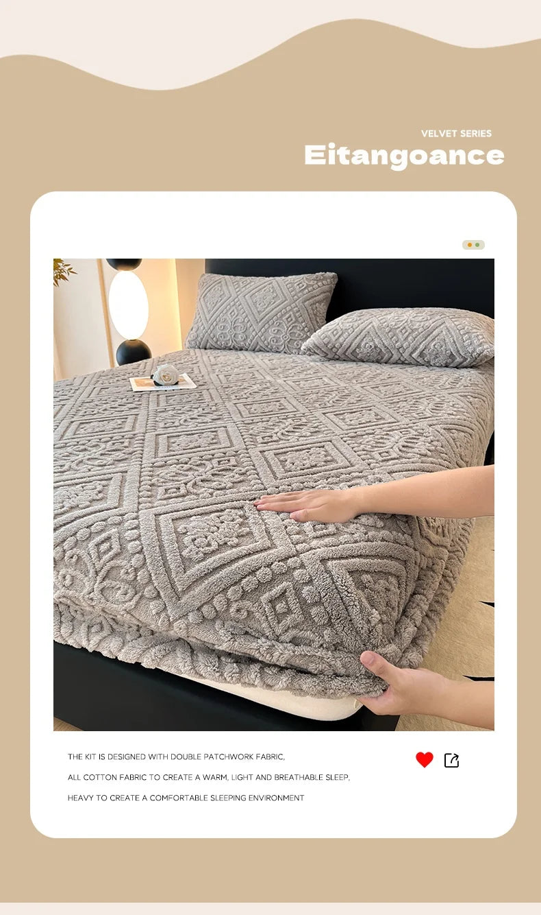 Winter Coral Plush Mattress Cover – High Elasticity Anti-Slip Breathable Bed Sheet