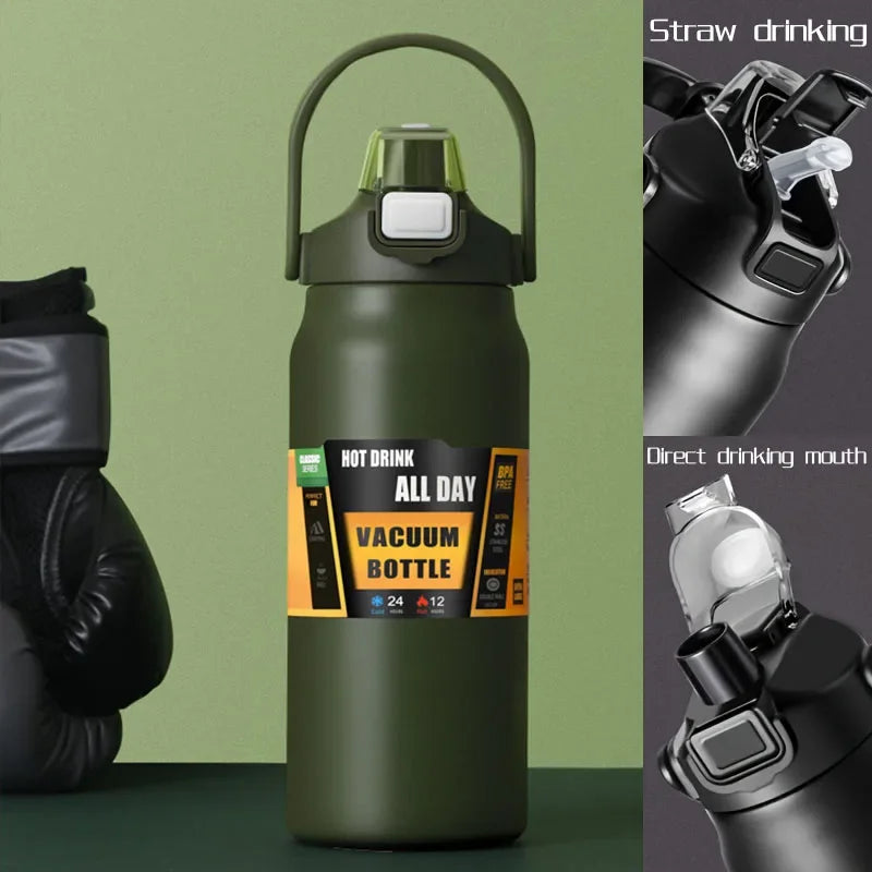 Large Capacity Vacuum Thermos Bottle with Handle & Straw – 304 SS, 6–12Hr Insulated, 800ml–1500ml, 16 Colors
