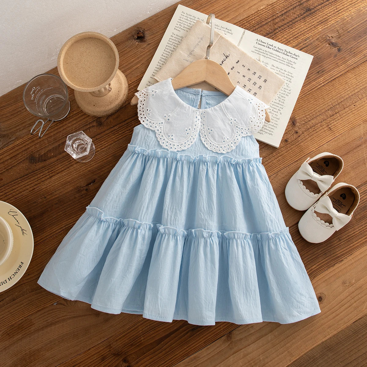 Baby Girl Cotton Beach Dress — Sleeveless Solid Color Lapel Dress