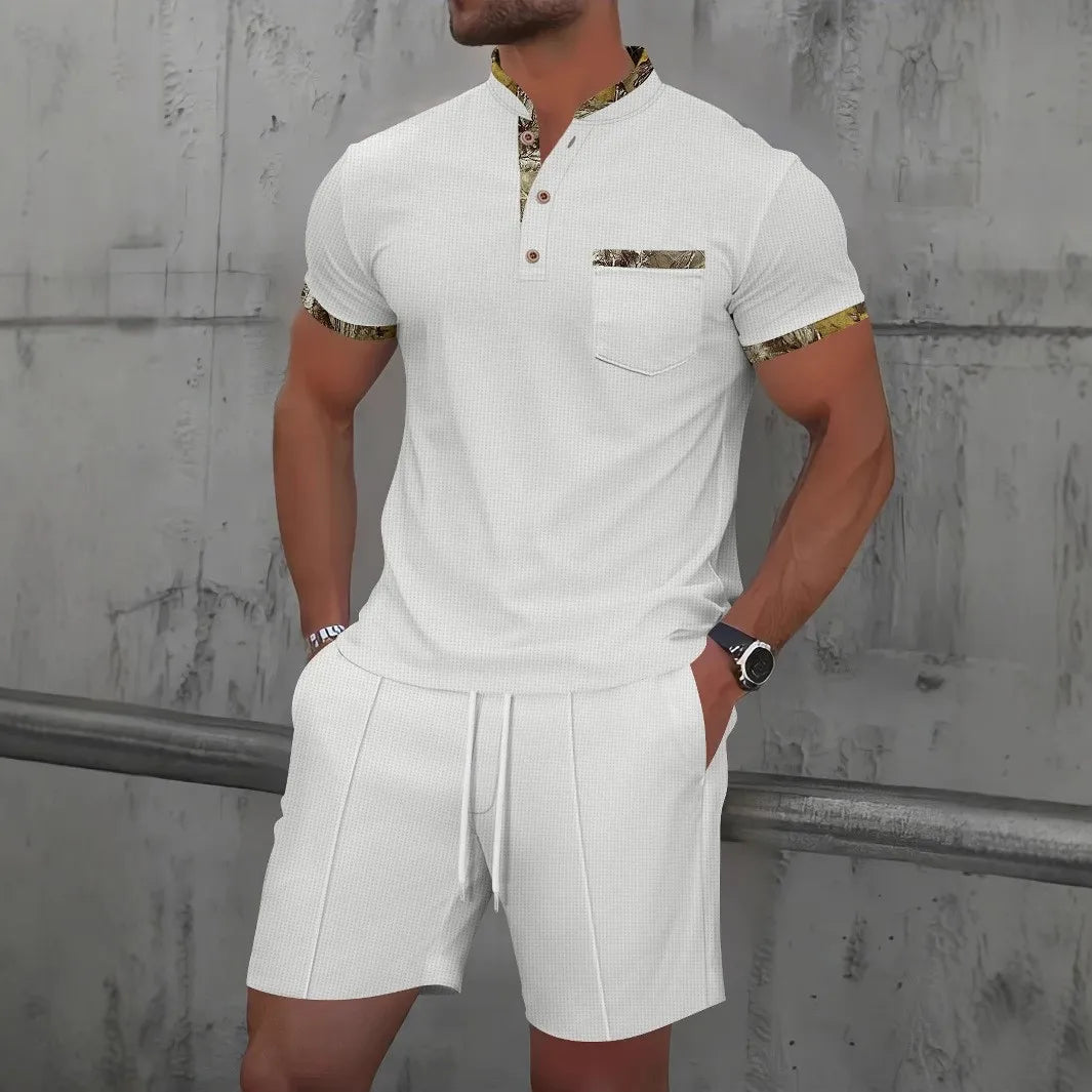 Men's Waffle Solid Color Zip Lapel Short Sleeve & Shorts Set – European Summer 2-Piece Suit
