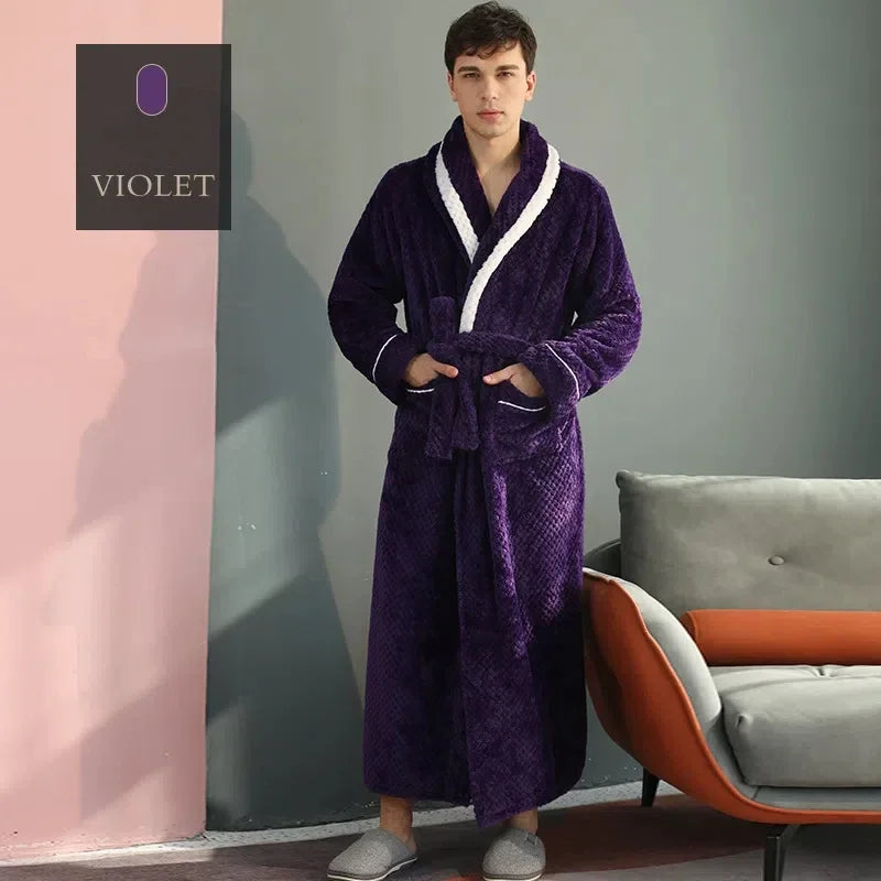 Thicken Flannel Couple Robe with Pockets | Long Winter Bathrobe Gown for Men & Women