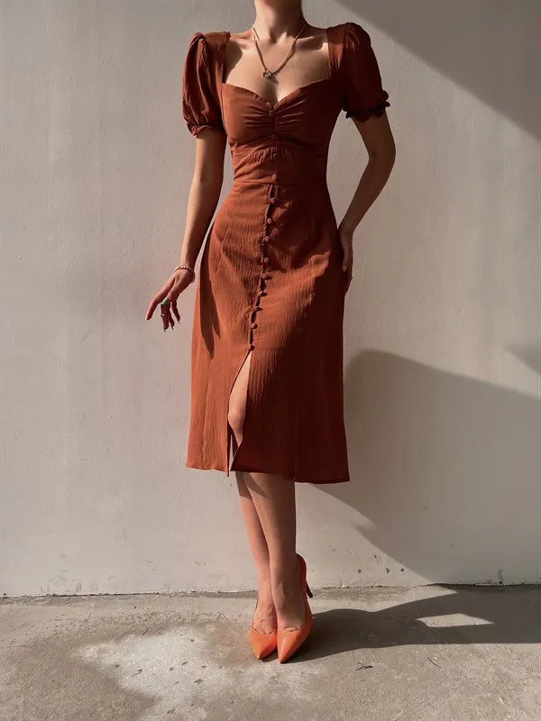V-Neck Puff Sleeve High Waist Split Midi Dress — Elegant Single-Breasted Solid Dress