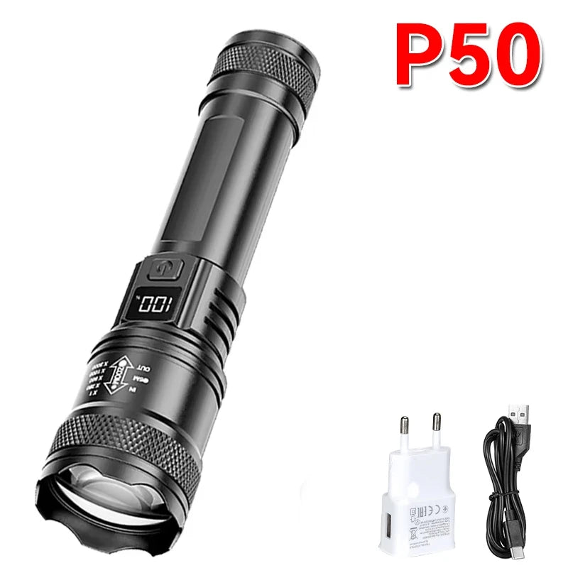 2000 Lumen P50 LED Tactical Flashlight – IP67 Waterproof, Telescopic Zoom, LCD Display, Type-C Rechargeable