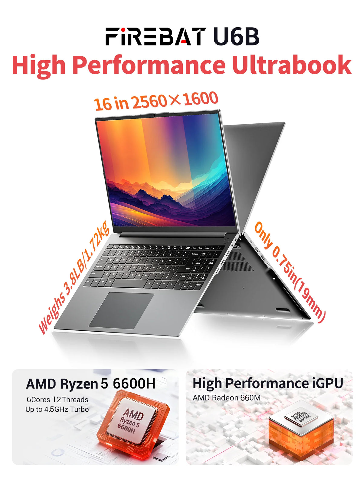 FIREBAT U6B 16" AMD Ryzen 5 6600H Laptop – 16GB LPDDR5, 512GB NVMe SSD, 2.5K 120Hz, Wi-Fi 6, Windows 11