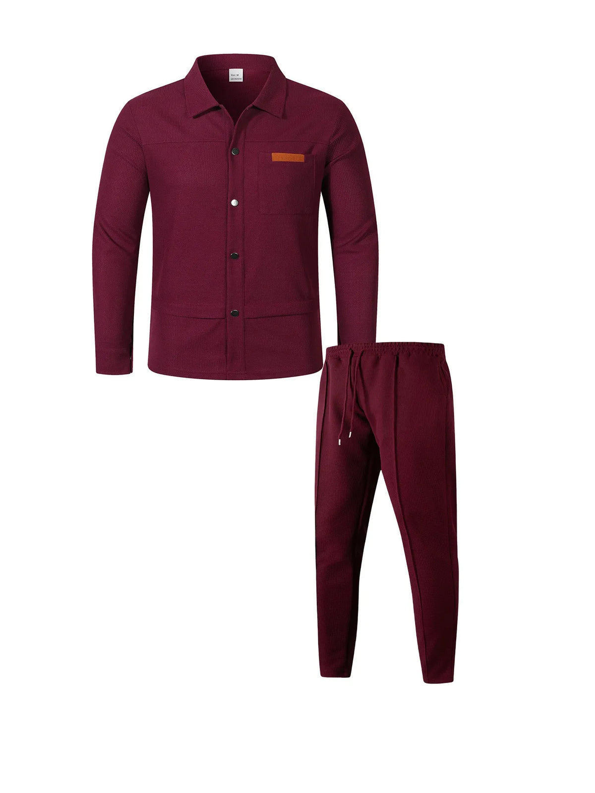Men's Waffle Knit Button-Down Long Sleeve Jacket & Pants Set – Plain Color Casual Suit
