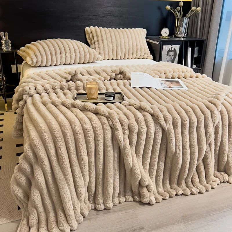 Thickened Wide Stripe Plush Flannel Multifunctional Blanket – Bed Sheet, Sofa & Nap Cover, 7 Colors & 5 Sizes