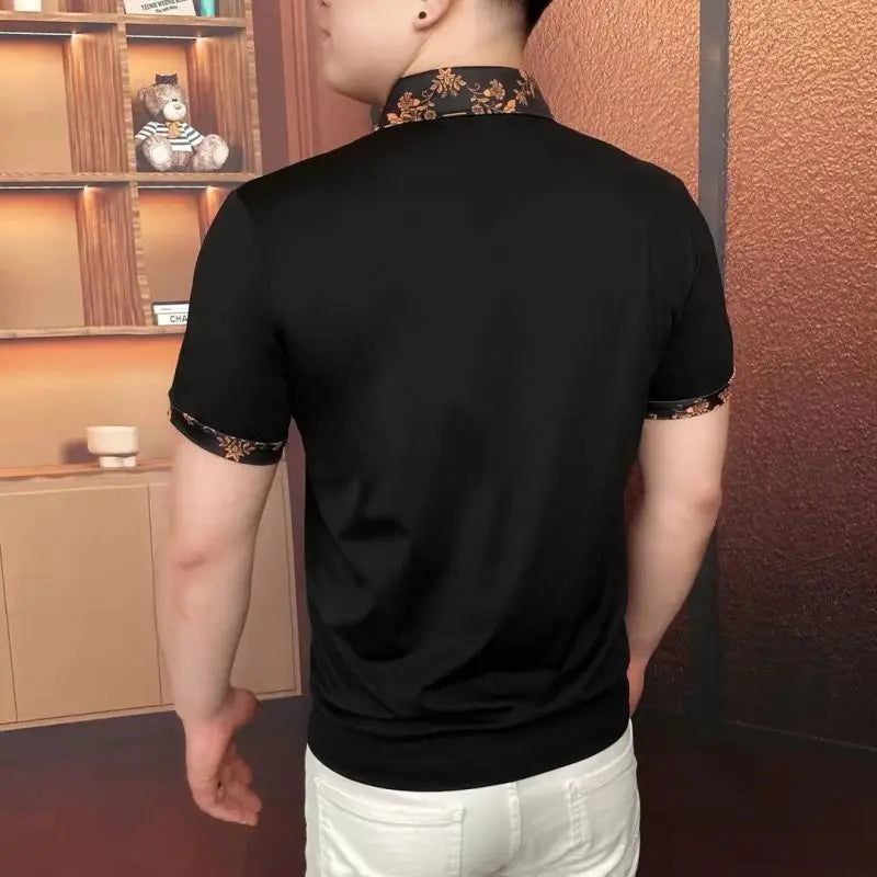 Men's Luxury Floral Embroidered Rhinestone Polo Shirt — Slim Fit Business Banquet Tee