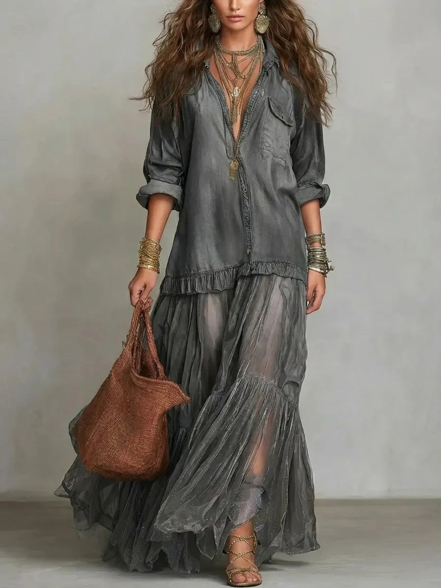 Denim Dress Women Dresses A Line Turn Down Collar Full Sleeve Ruffled Vintage Elegant Mesh Splice Work Causl Y2k Streetwear 2026