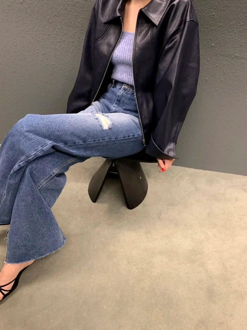 Women's Cropped Faux Leather Jacket – Lapel Zip Front