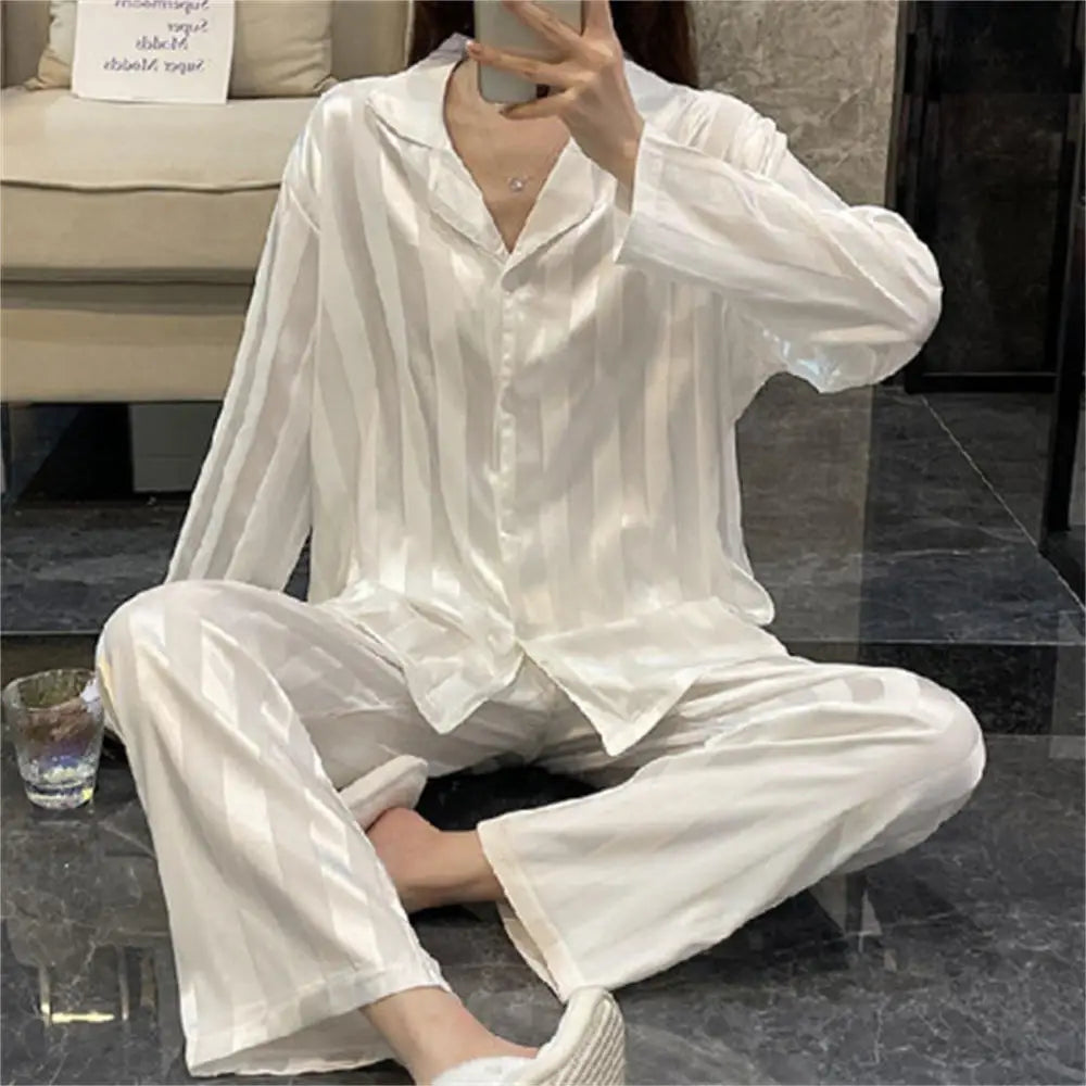 Women's Summer Striped Satin Pajama Set | Long Sleeve Top & Trousers Silk Homewear