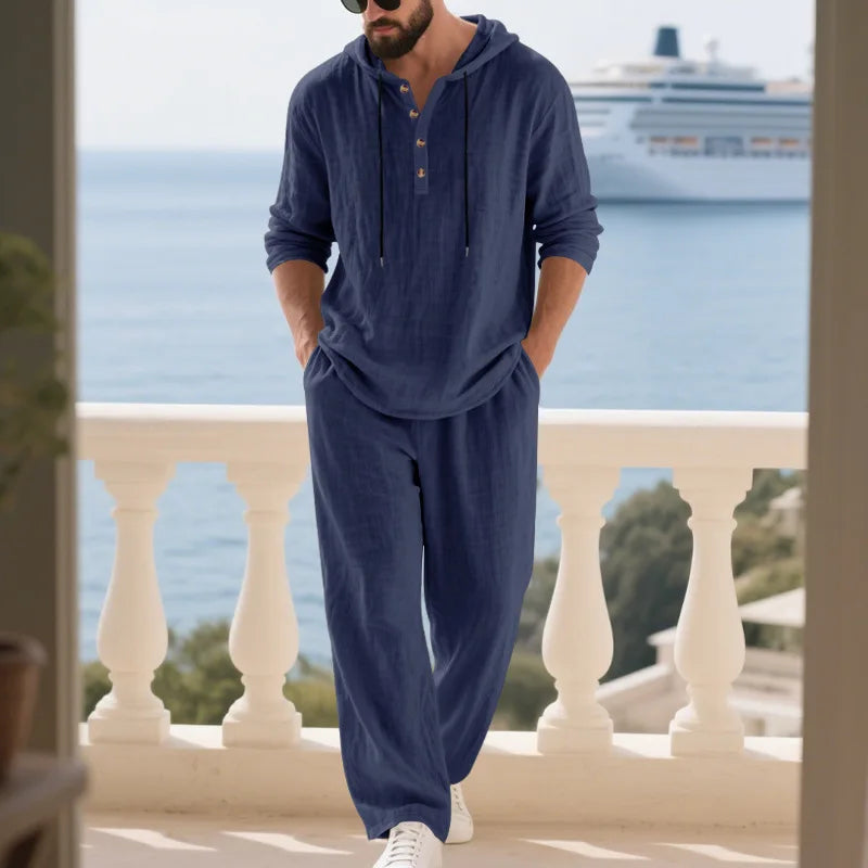 Men's Linen Casual Loose Hooded Henley Shirt & Long Pants Set – Relaxed Autumn 2-Piece Suit
