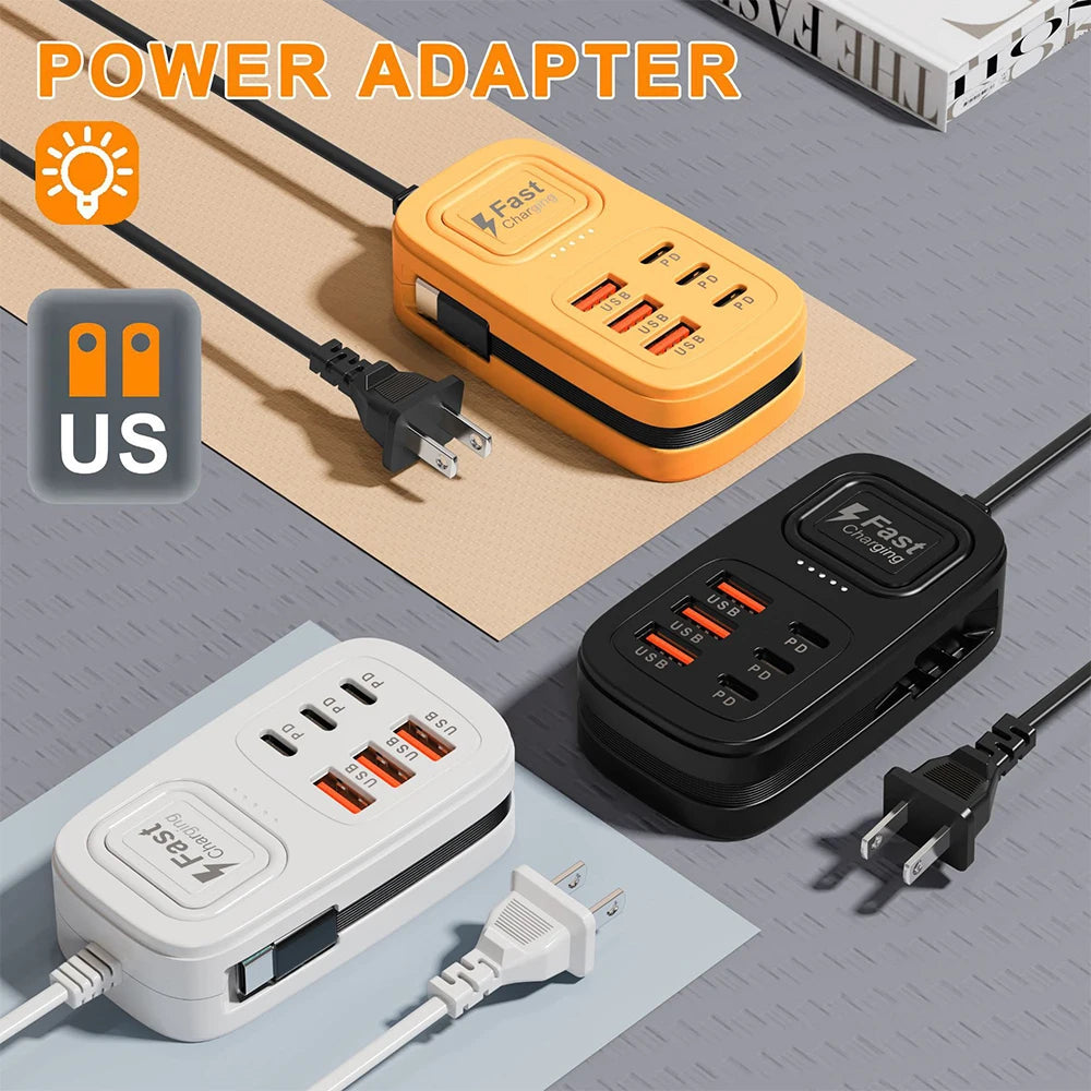 6-Port USB Fast Charging Station – 3 USB-C + 3 USB-A, Desktop Power Strip Hub, EU/UK/US Plug