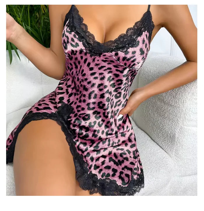Lace Trim Leopard Nightdress — V-Neck Backless Side Split Slip Sleep Dress