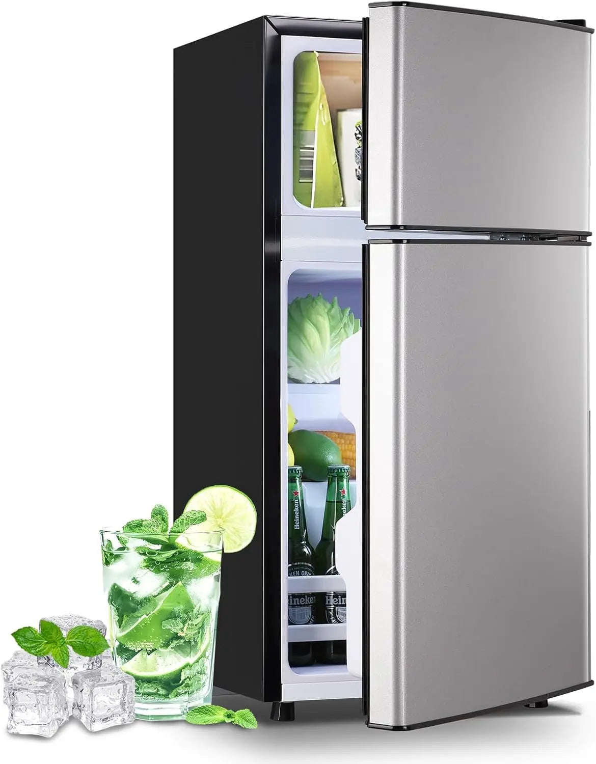 Silver Small Refrigerator with Freezer — 2.4 Cu Ft Compact Fridge with Removable Plastic Shelves for Home, Office & Dorm