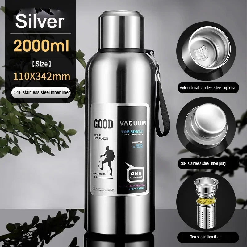 CZSAE 316 SS Vacuum Thermos Tumbler – Bullet Shape, 12–24Hr Insulated, 600ml–2000ml, Silver & Black, CE Certified