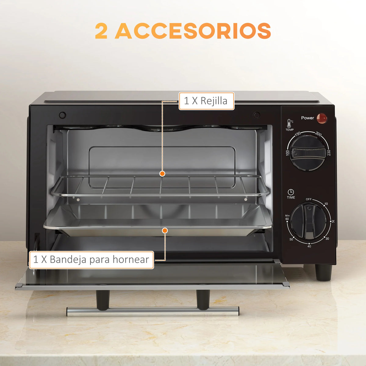 HOMCOM 9L Mini Electric Oven – 50W, Adjustable Temperature & Timer, Black