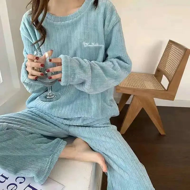 Women's Soft Coral Velvet Jacquard Pajama Set | Cozy Winter Loungewear Christmas Valentine's Gift