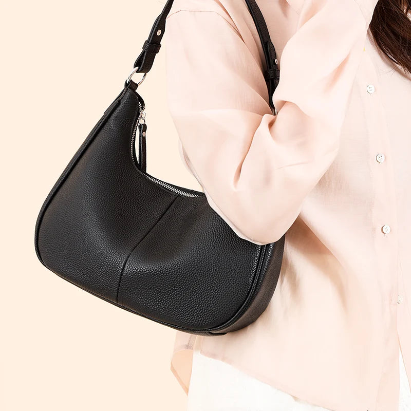 100% Genuine Cowhide Leather Half-Moon Underarm Tote Bag – Crossbody Shoulder Bag for Women