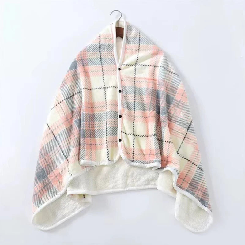 Wearable Plaid Fleece Blanket with Button – Thick Warm Throw for Sofa, Bed, Travel & Office