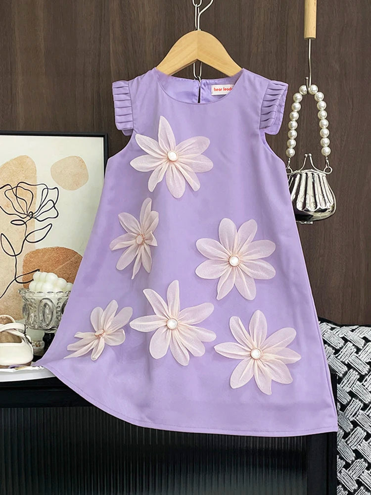 Girls 3D Flower Vest Princess Dress — Wedding & Party Dress (2–7 Years)