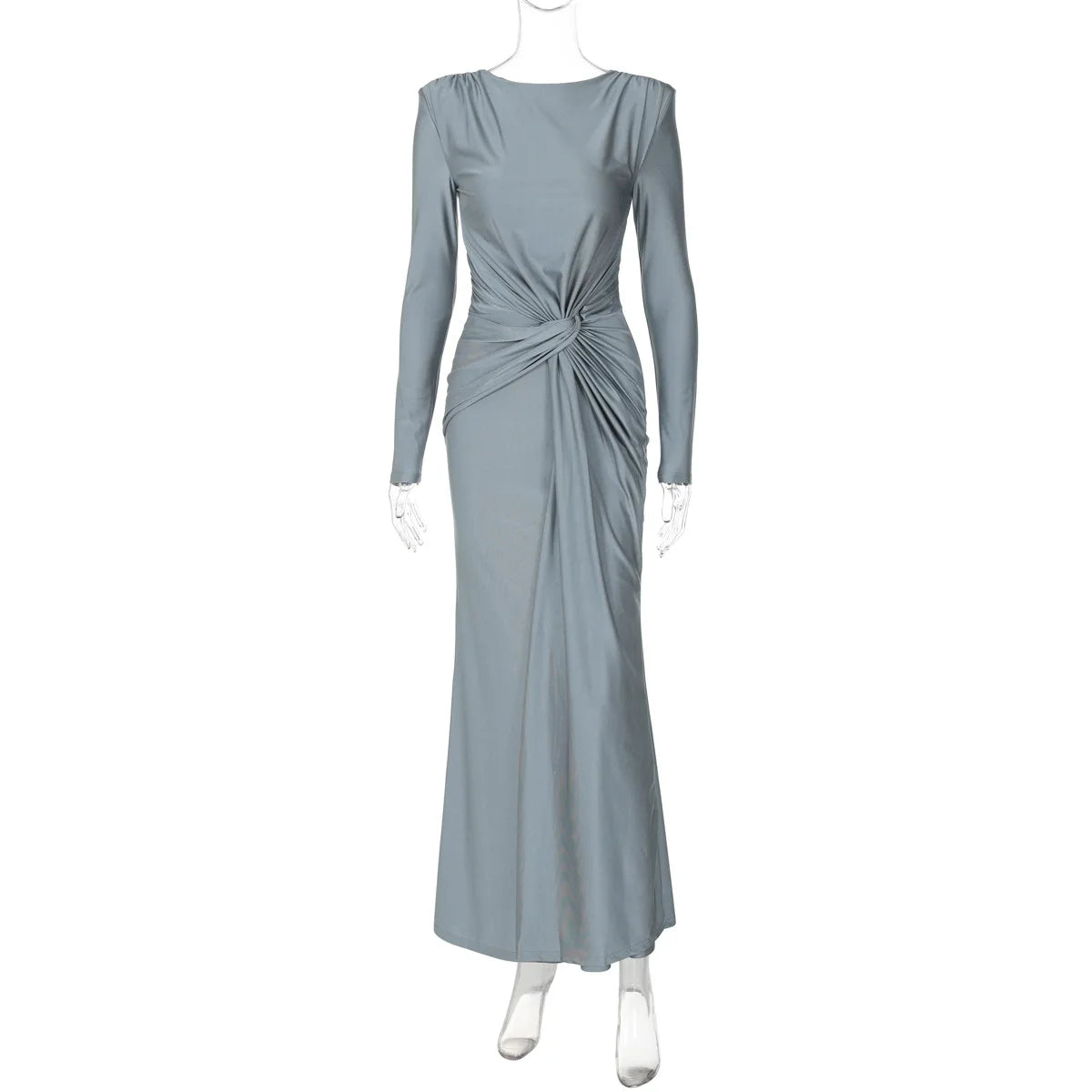O-Neck Long Sleeve Ruched High Waist Bodycon Maxi Prom Dress — Elegant Wedding Evening Dress