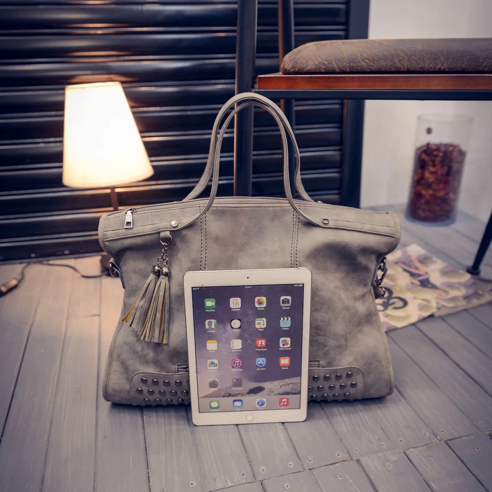 Luxury Matte Faux Suede Large Tote Bag – Vintage Rivet Tassel Handbag for Women