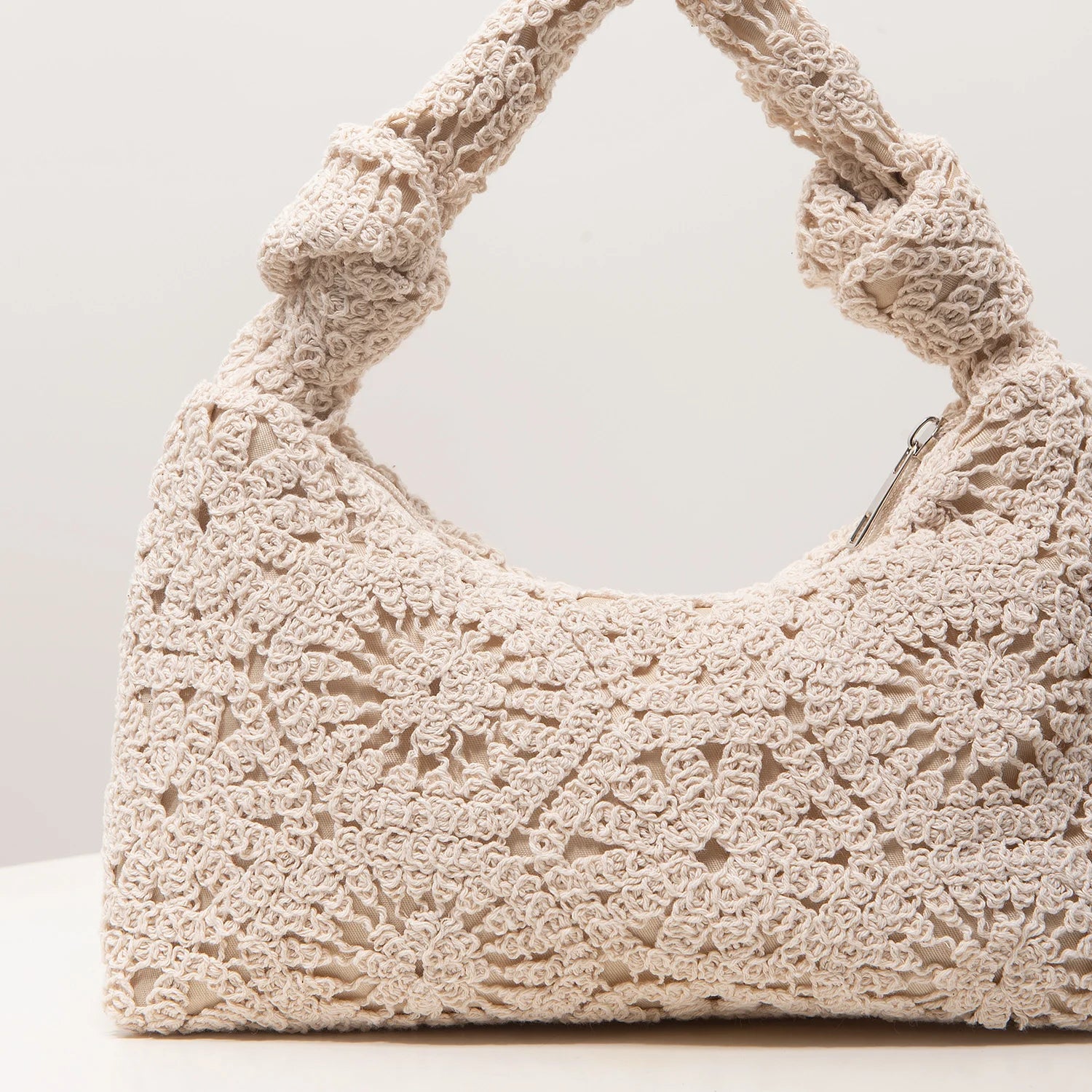 Boho Floral Half-Moon Beach Bag – Hollow-Out Polyester Shoulder Bag for Women