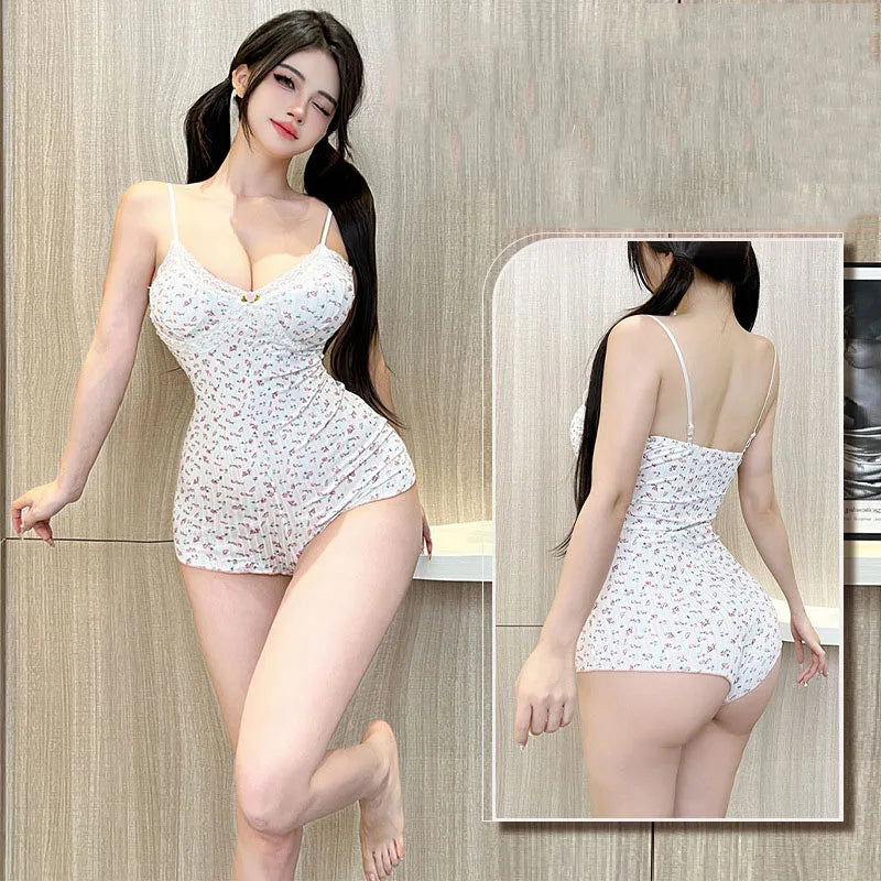 Floral Print Lace Bodysuit – Sleeveless Slim Fit Leotard Romper for Women