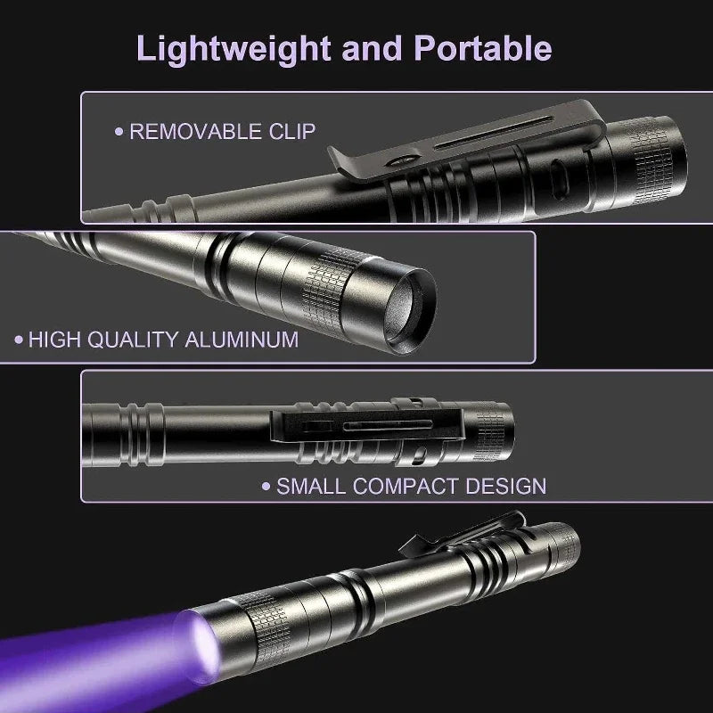 UV Flashlight 395nm Ultraviolet Torch – Pet Urine & Scorpion Detector, Pen Clip, 200 Lumens, AAA Battery