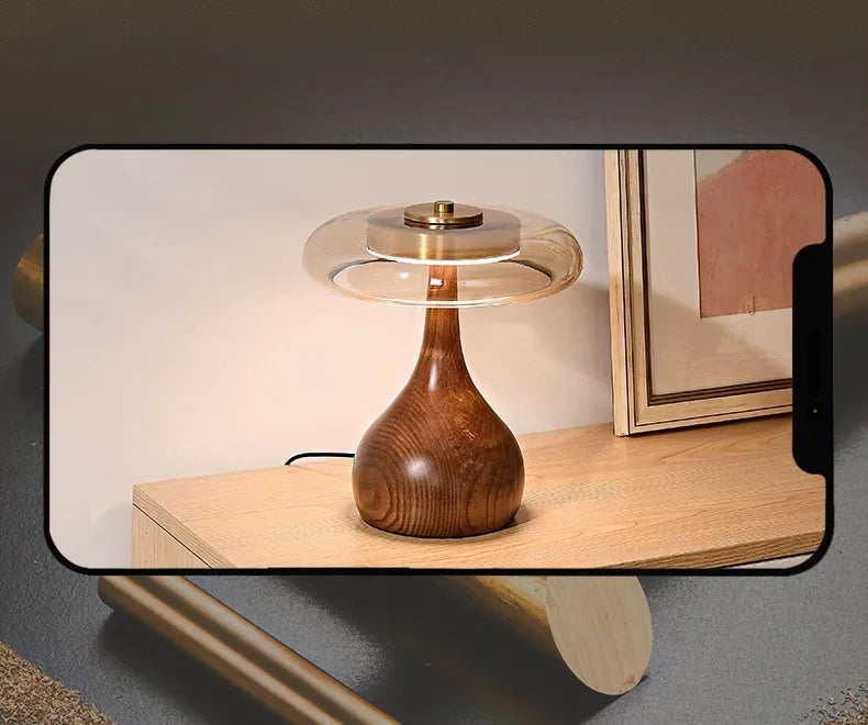 Retro Glass Table Lamp – Sculpted Wood-Look Base