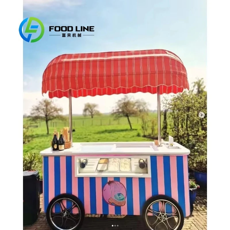 Customized Mobile Food Vending Cart with Canopy – Commercial Street Stall for Ice Cream & Snacks