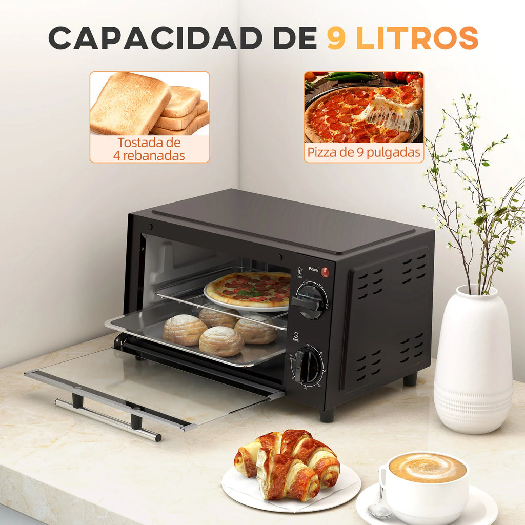 HOMCOM 9L Mini Electric Oven – 50W, Adjustable Temperature & Timer, Black