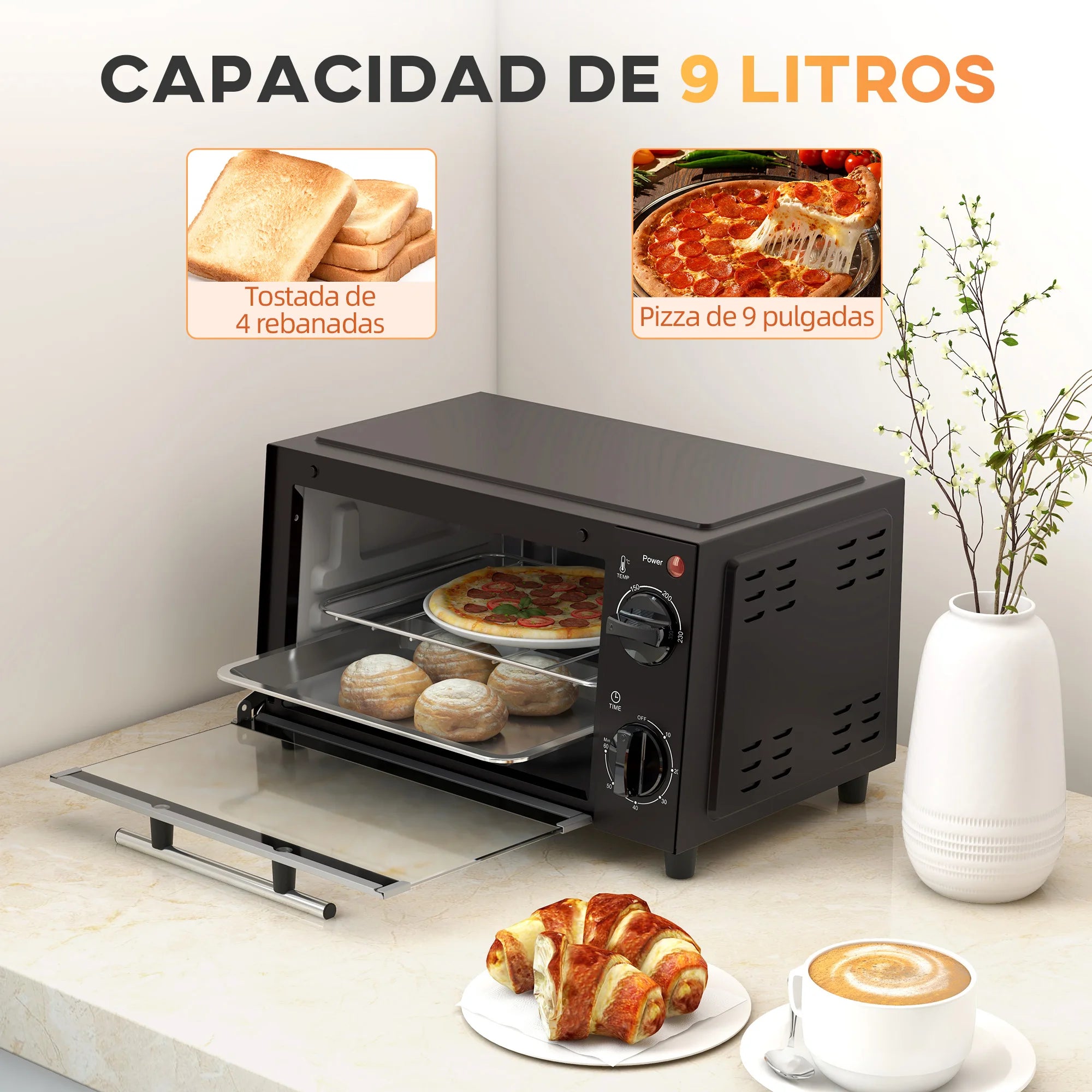 HOMCOM 9L Mini Electric Oven – 50W, Adjustable Temperature & Timer, Black