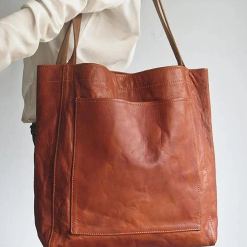 SNOWJENNY Retro Waxed PU Large Tote Bag – Commuter Shoulder Handbag with Pockets for Women