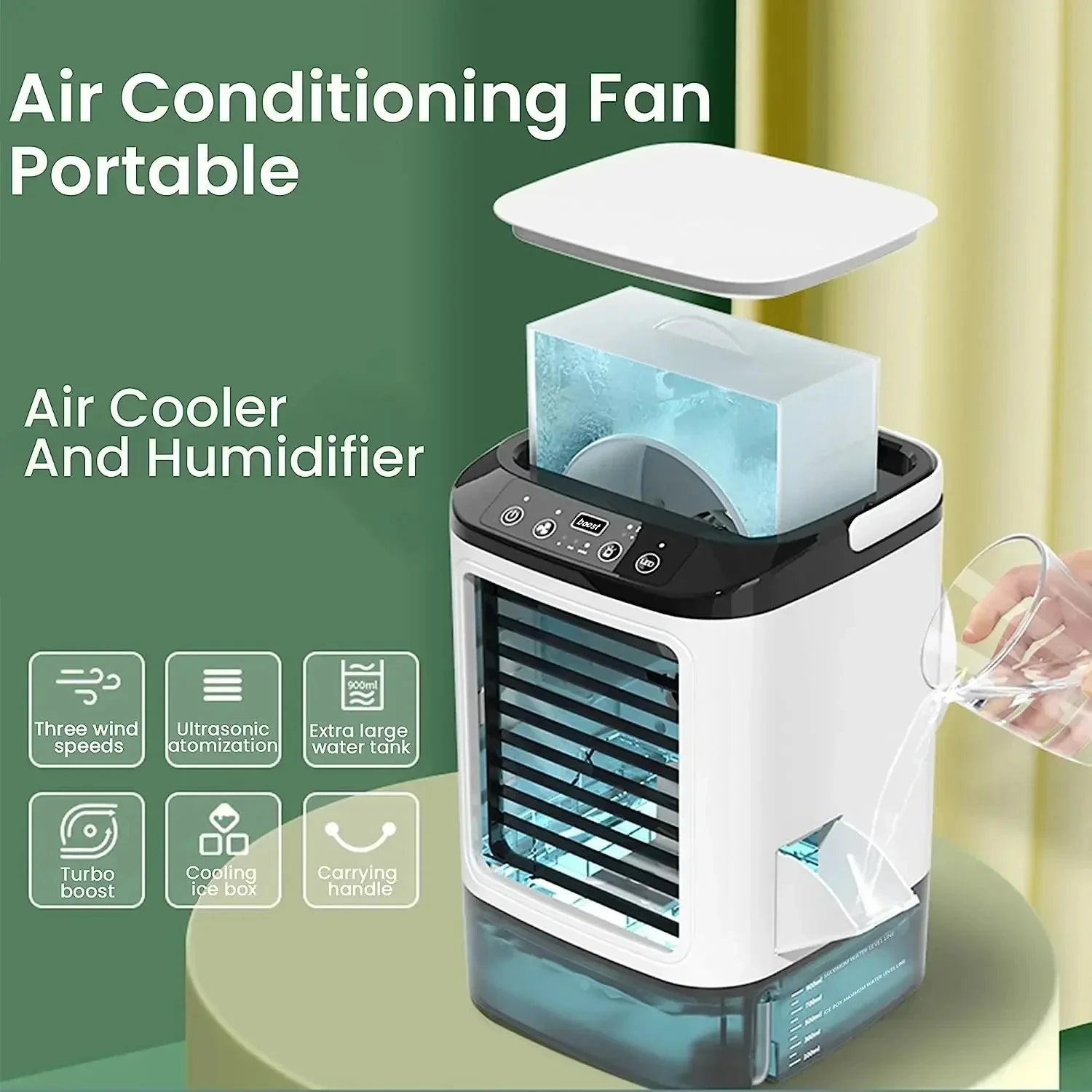 Portable Air Conditioner Fan — 3-Speed Mini AC Unit with 900ML Water Tank & Humidifier for Bedroom & Office