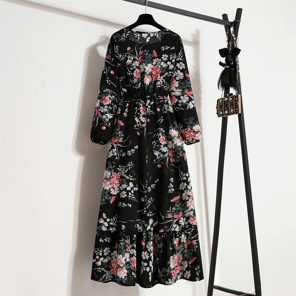 Women Long Dresses Spring Summer Casual Full Sleeve Floral geometry Printed O neck Woman Bohe Beach Party Dress Mujer Vestidos