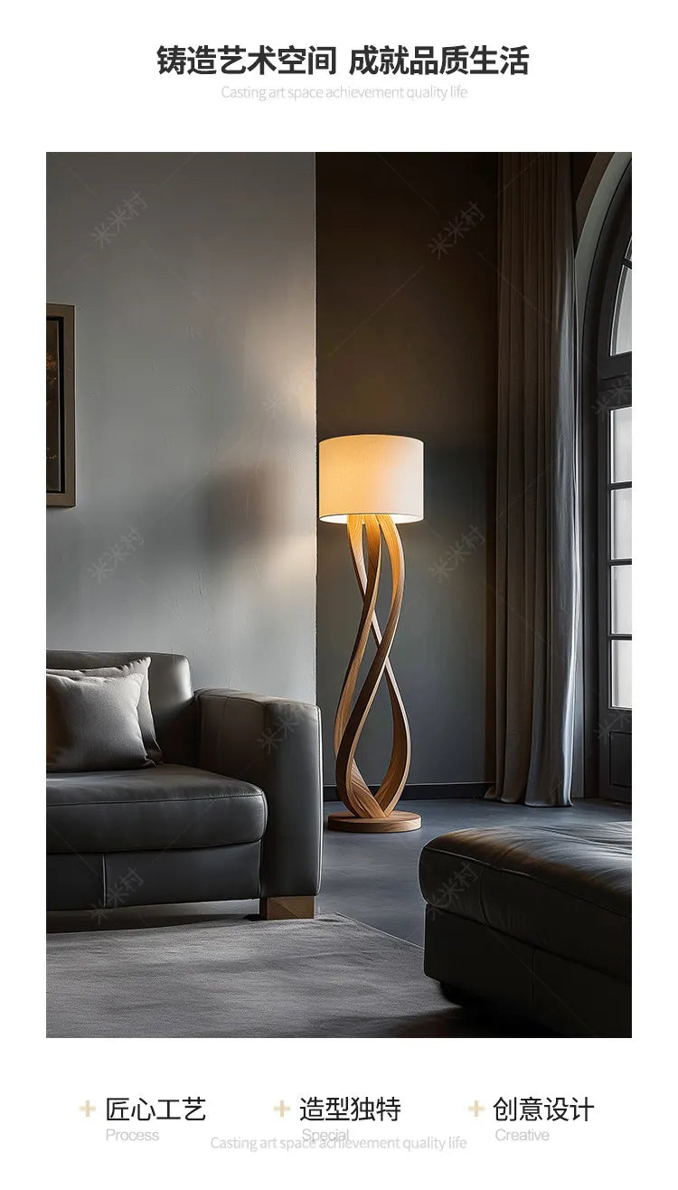 Wood Floor Lamp – Sculpted Base and Fabric Shade