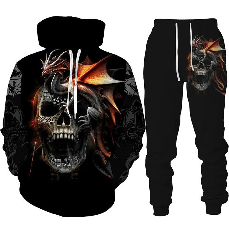 Dragon Print Hoodie Tracksuit Set – Oversized 2-Piece Sweatshirt & Pants