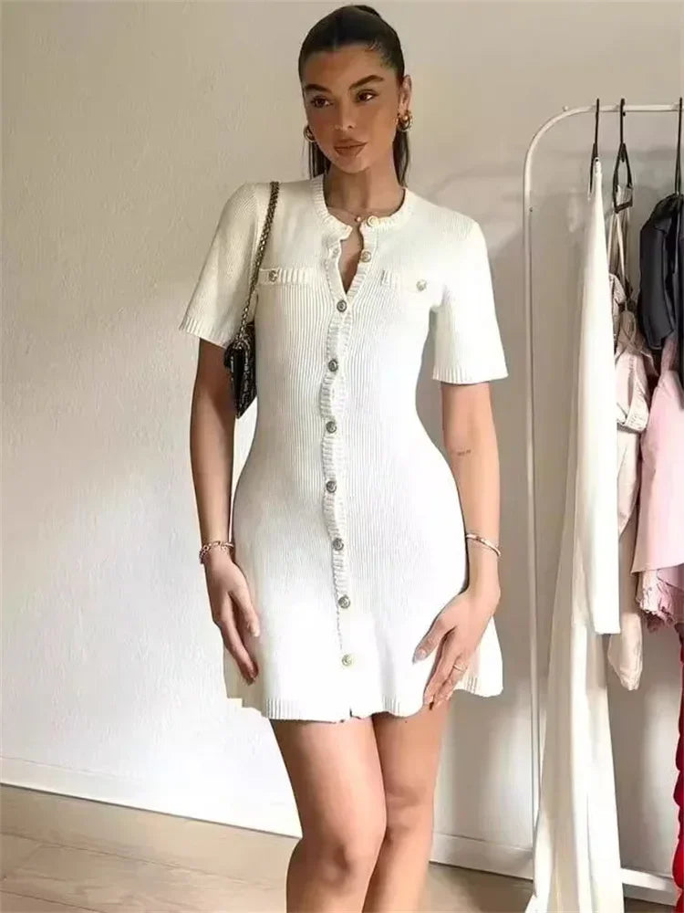 Elegant Knit Rib Mini Dress — High Waist Short Sleeve Bodycon Sweater Dress